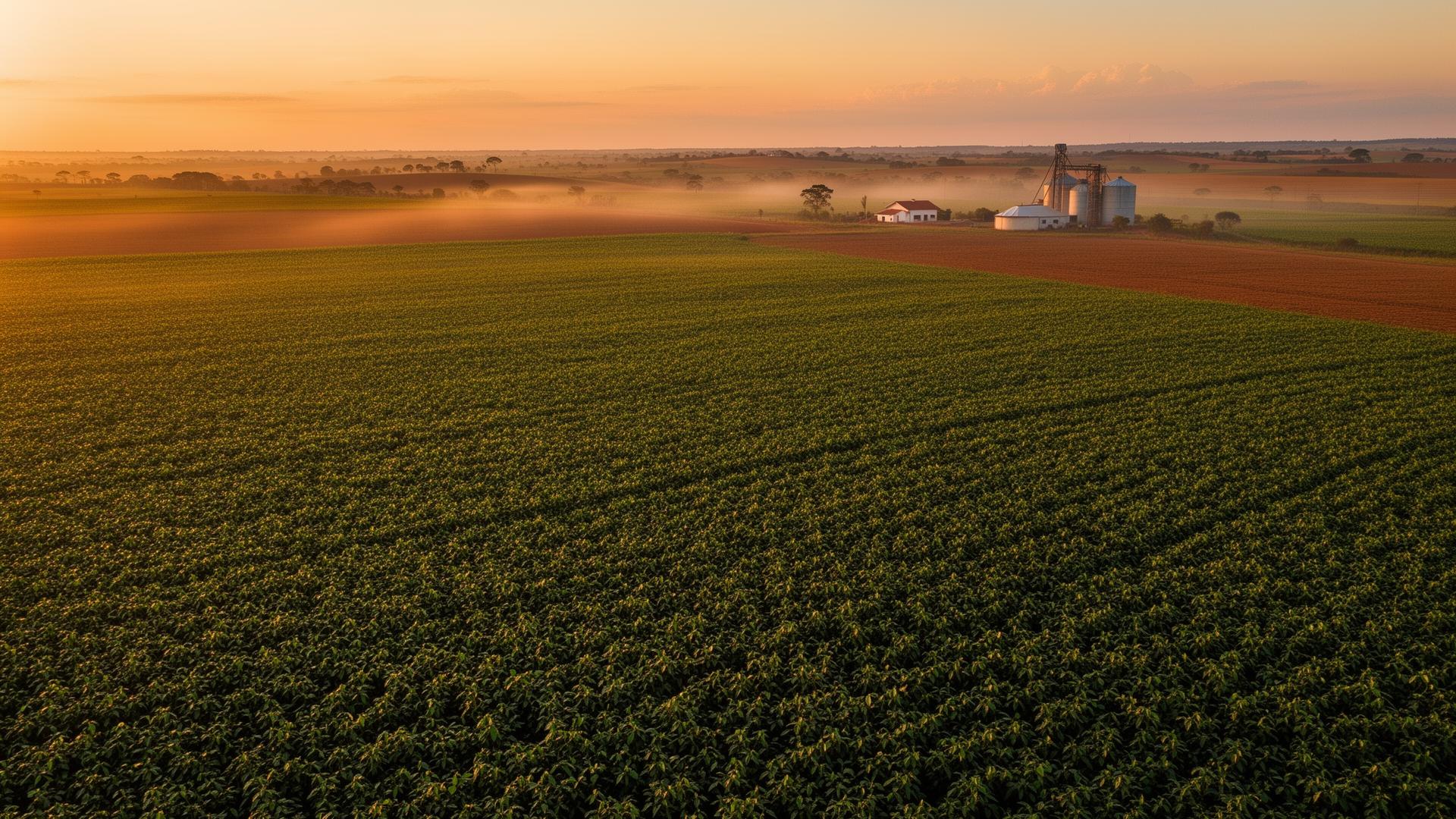 Lavoura de soja ao pôr do sol com fazenda ao fundo